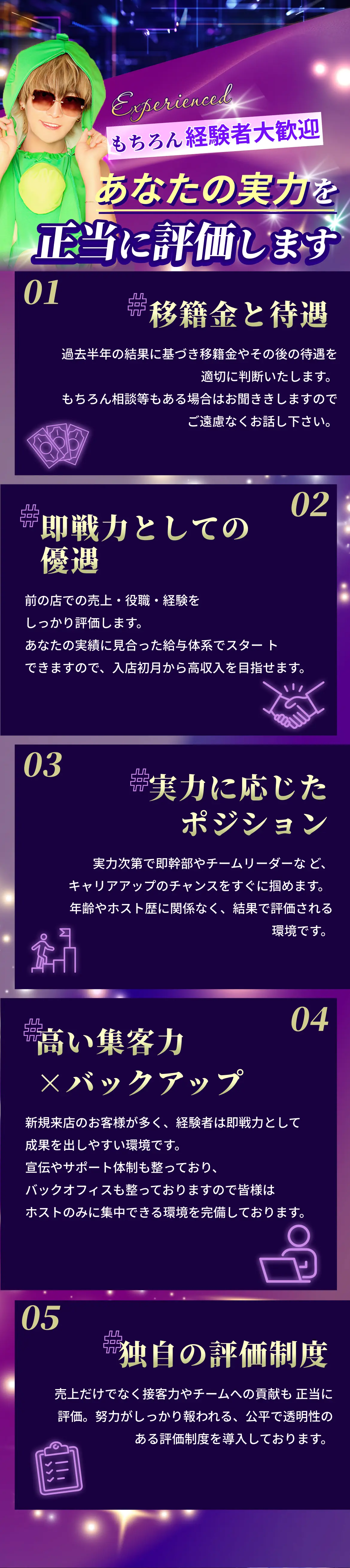 もちろん経験者大歓迎！あなたの実力を正当に評価します。01移籍金と待遇|02即戦力としての優遇|03実力に応じたポジション|04高い集客力×バックアップ|05独自の評価制度